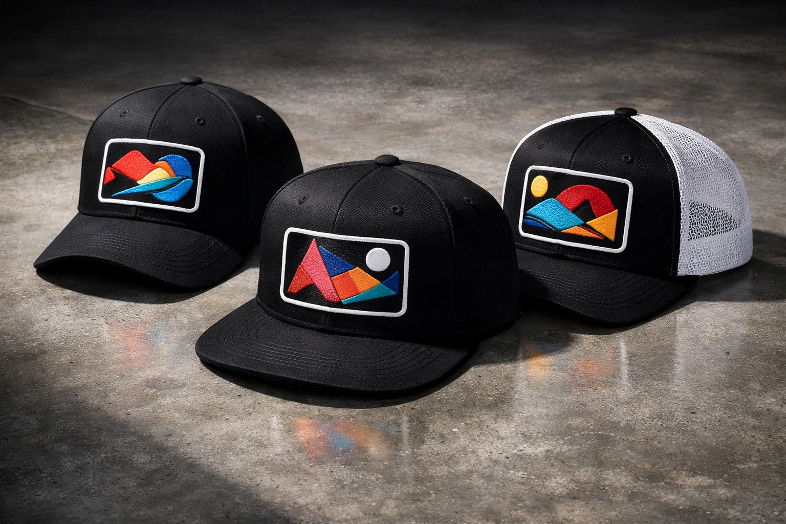 Selection of custom embroidered hats in various styles for outdoor business marketing and events.