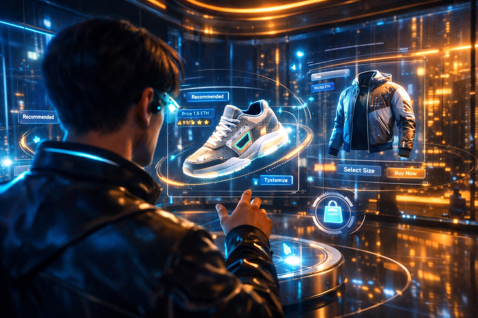 AI-powered shopping in the Larecoin metaverse featuring holographic product displays and Web3 retail technology.