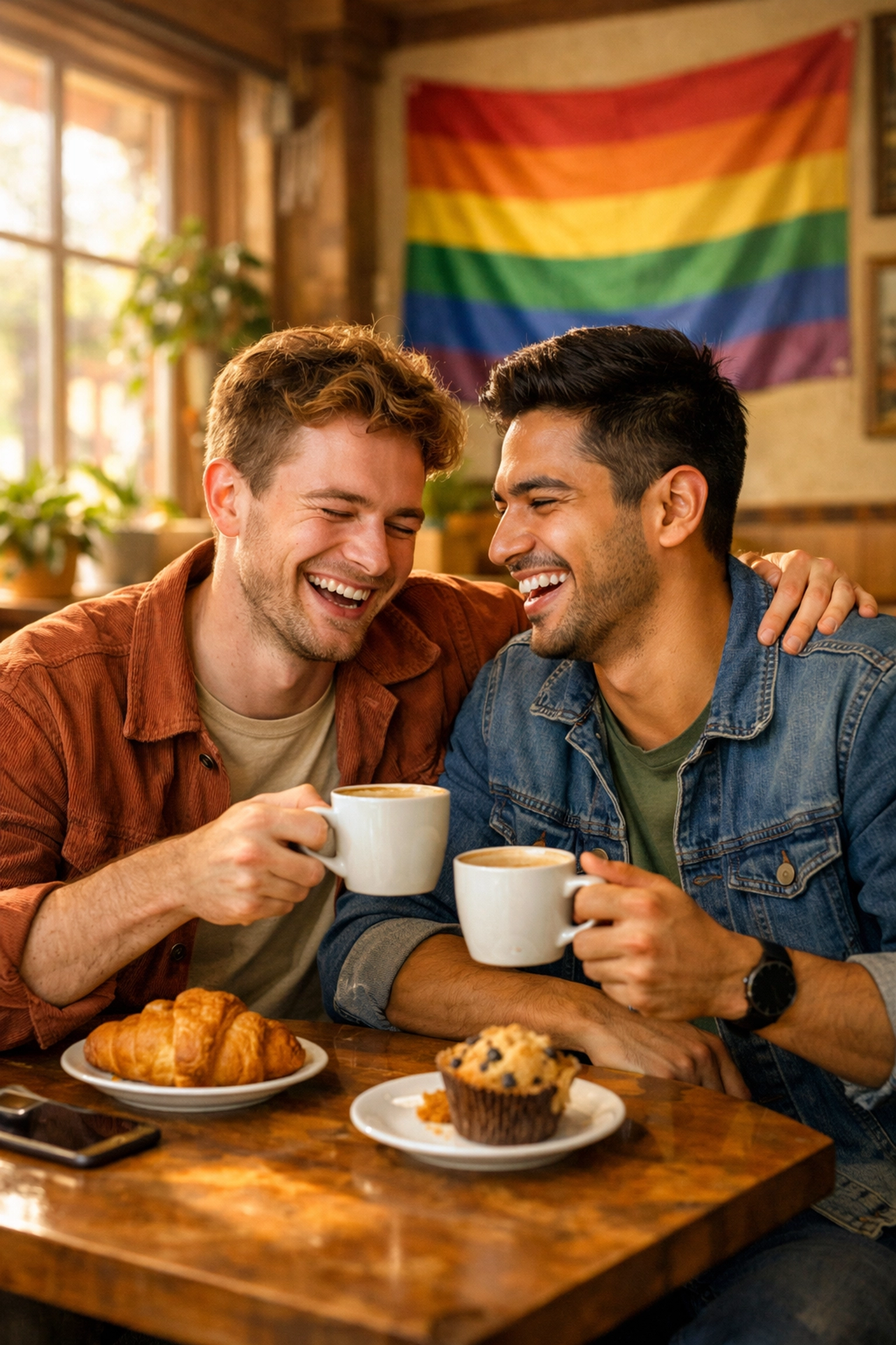 Two gay men sharing coffee and conversation at a welcoming queer-owned bistro