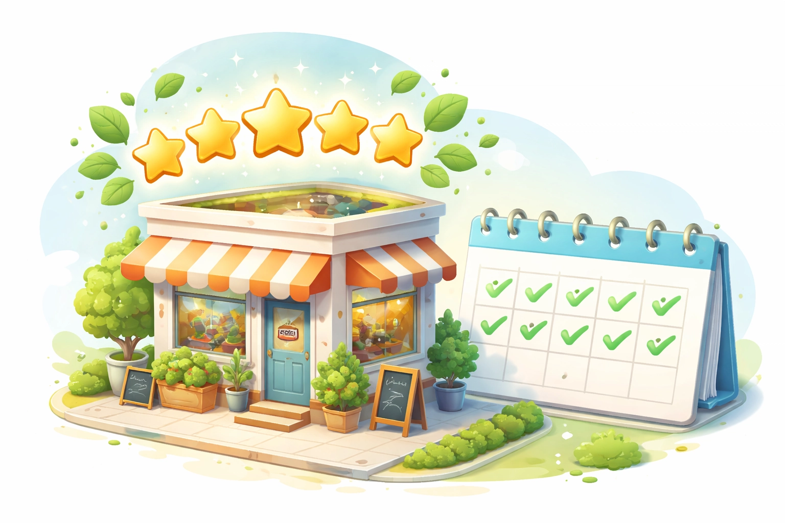 Small business storefront with glowing five-star review rating and calendar, symbolizing fresh, consistent customer feedback.