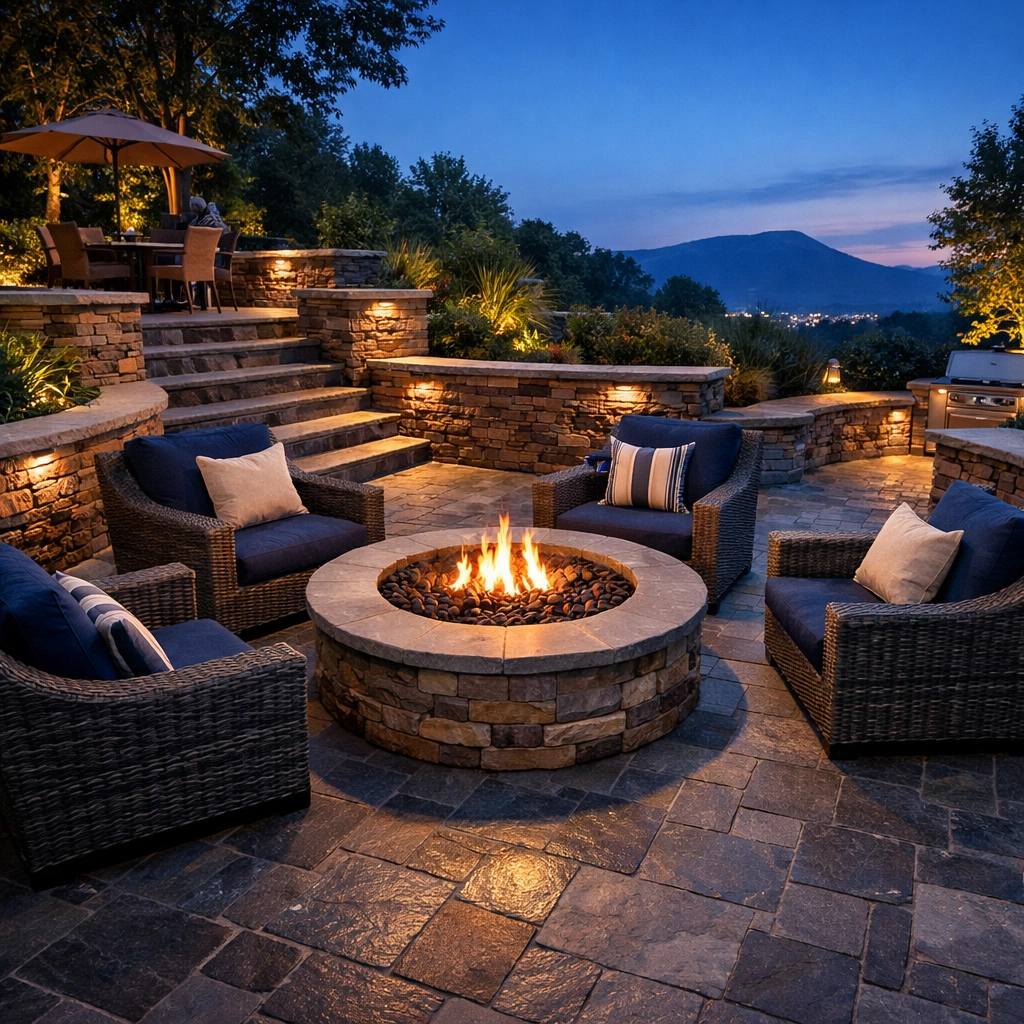 Professionally installed hardscaping in Chattanooga featuring a stone fire pit and paver patio.