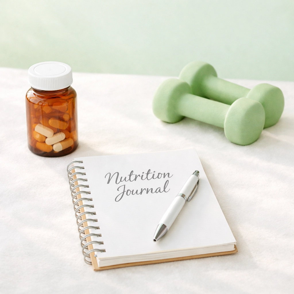 Weight loss program components: medication bottle, nutrition journal, and exercise equipment together