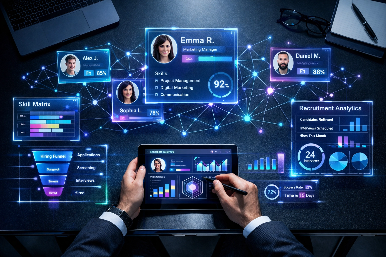 KI Recruiting Datenvisualisierung mit Kandidatenprofilen und HR-Metriken