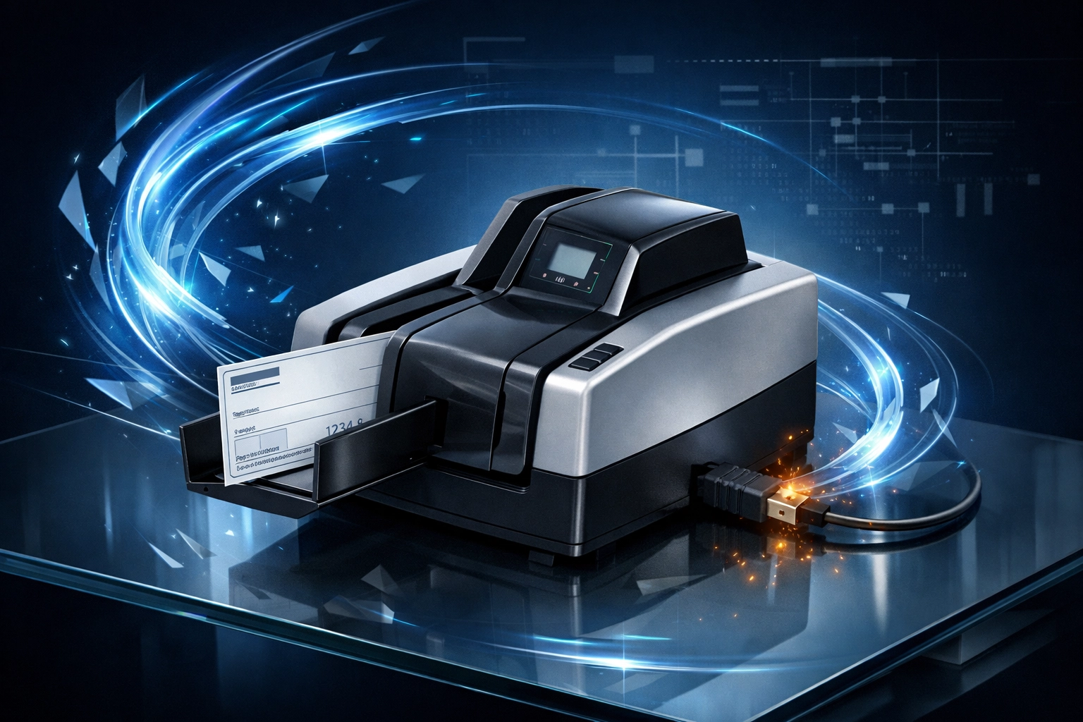 Digital illustration of a check scanner with warning signals highlighting a hidden IT security link.
