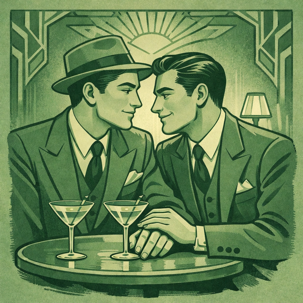 Two men sharing cocktails at 1940s London art deco gay bar during interwar period