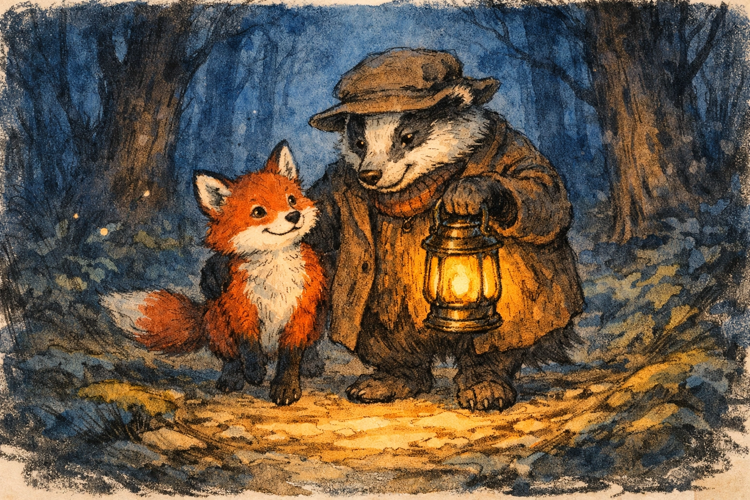 Un renard et un blaireau traversent une forêt en portant une lanterne lumineuse, pour illustrer des histoires de foi pour enfants.