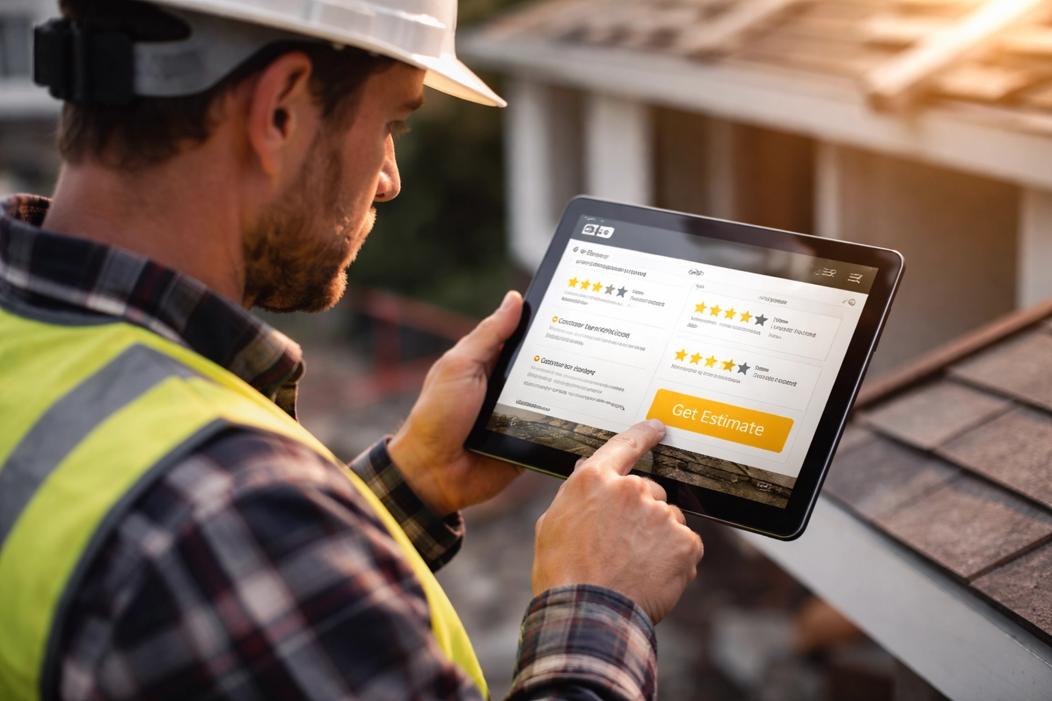 Contractor using a tablet on a job site showing a contractor website with reviews and a prominent estimate button.