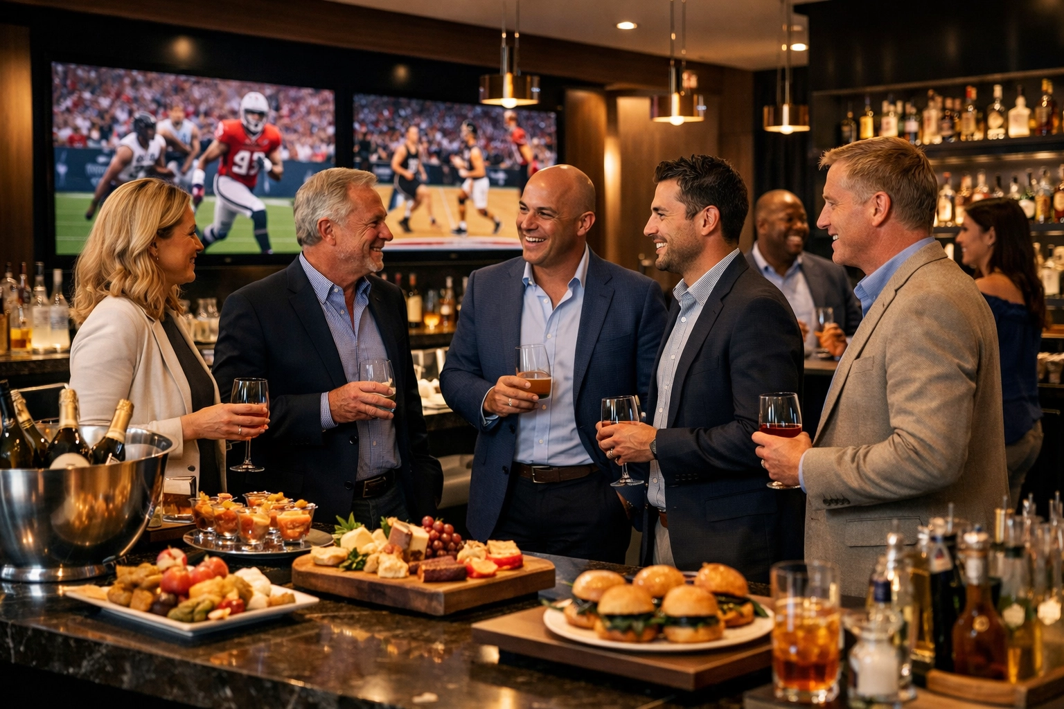 Executive networking in VIP hospitality lounge during Super Bowl event