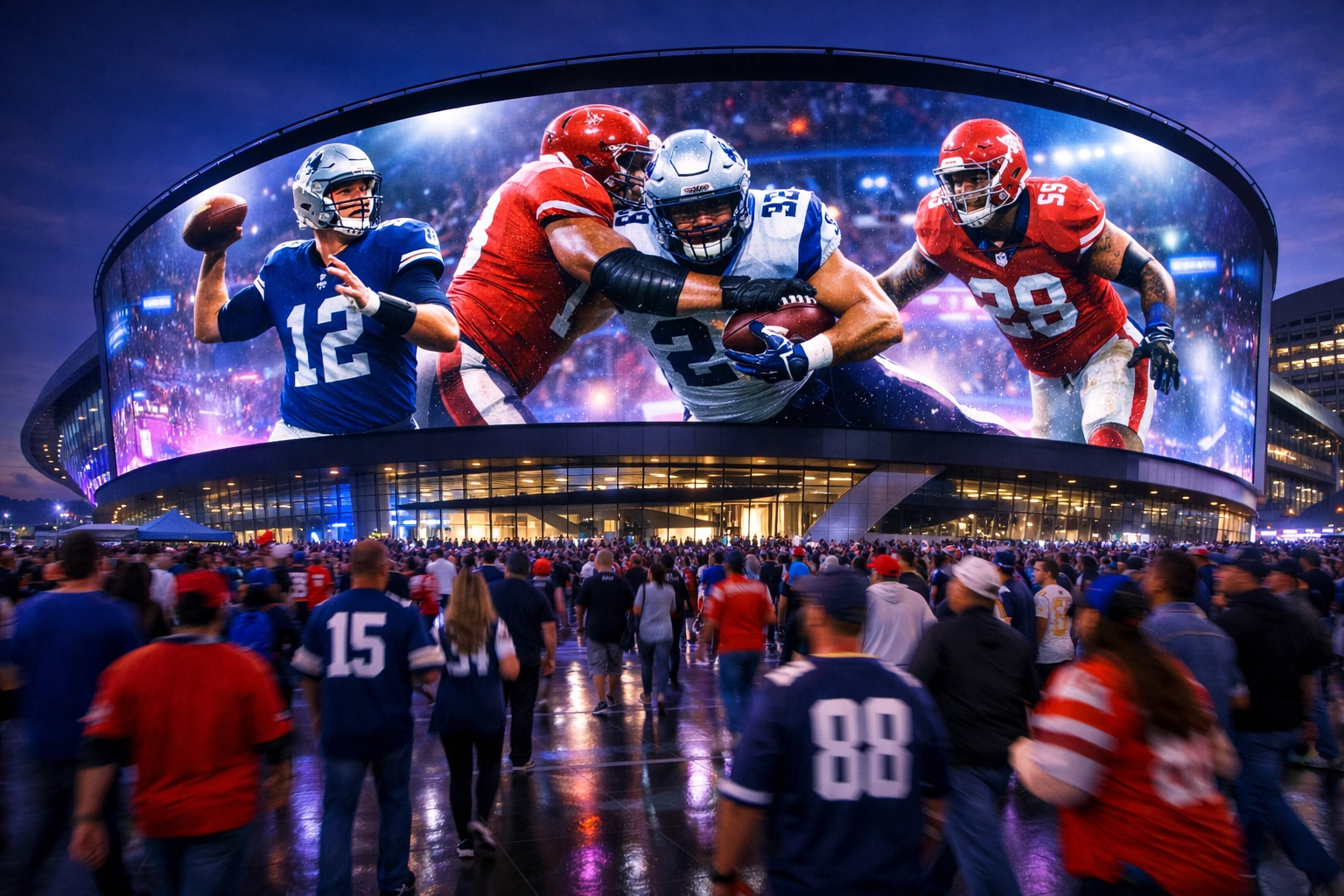 Sporttron digital network billboard displaying football highlights to fans in a stadium plaza.