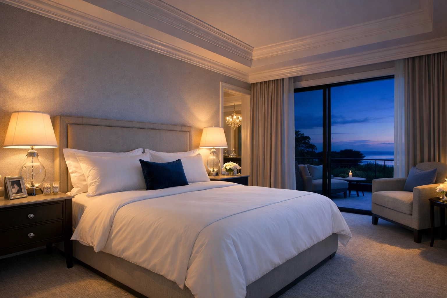 Spotless luxury master bedroom suite prepared by a professional residential cleaning Massachusetts company.