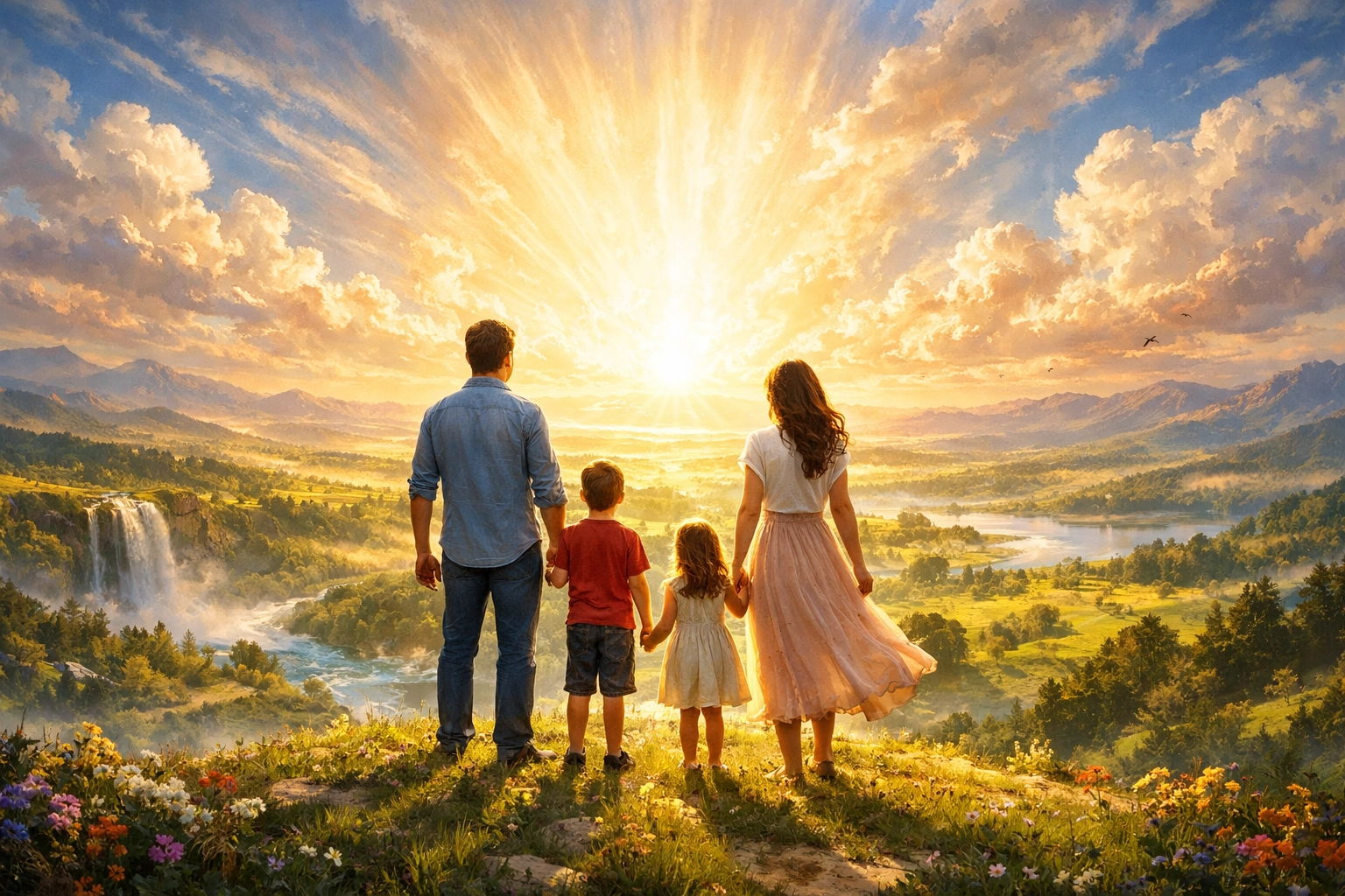 A family looks toward a radiant horizon, representing the eternal hope and promise of the New Heavens and New Earth.