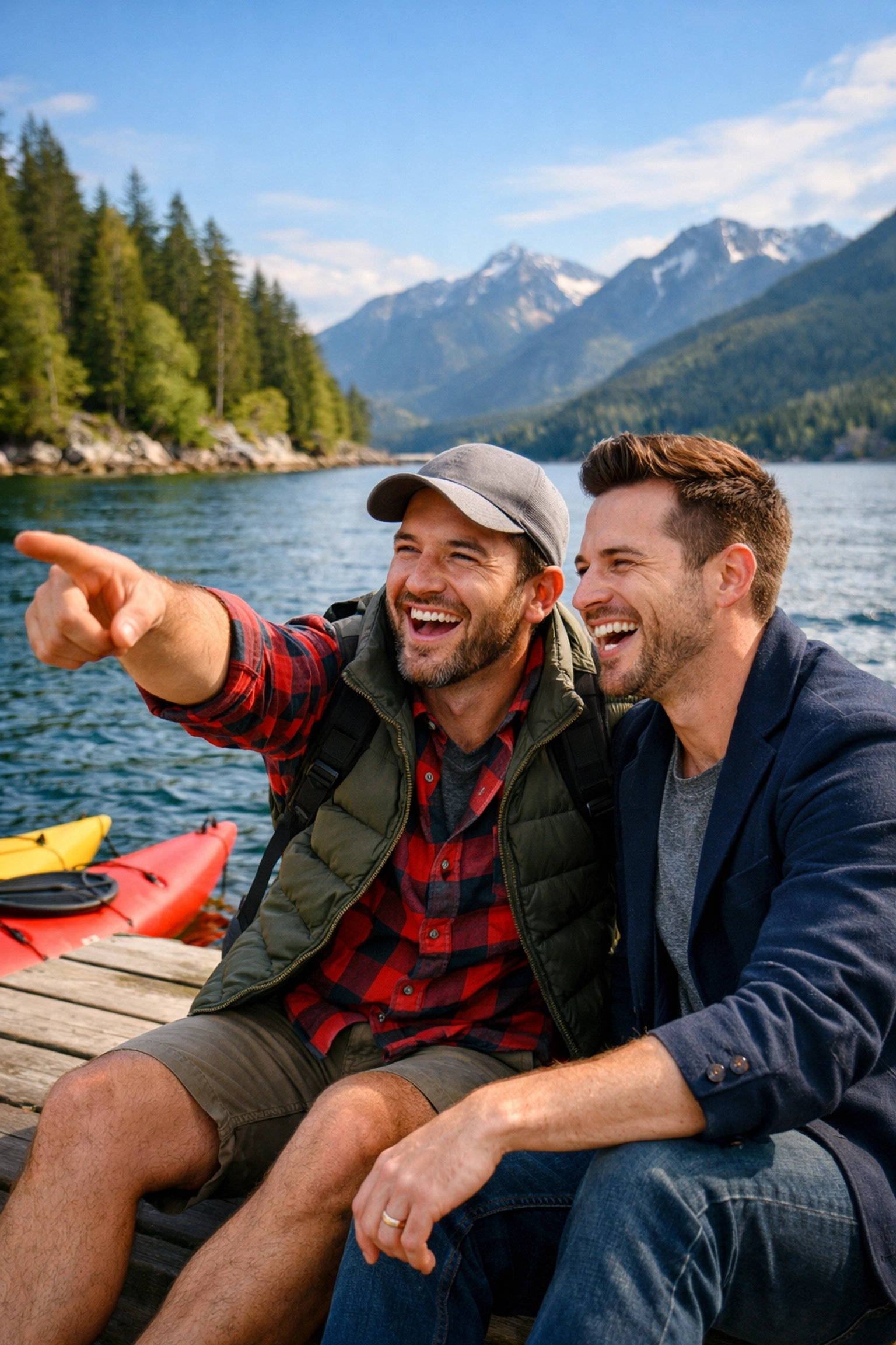 Two men enjoying romantic moment on Vancouver waterfront dock with ocean and forest views