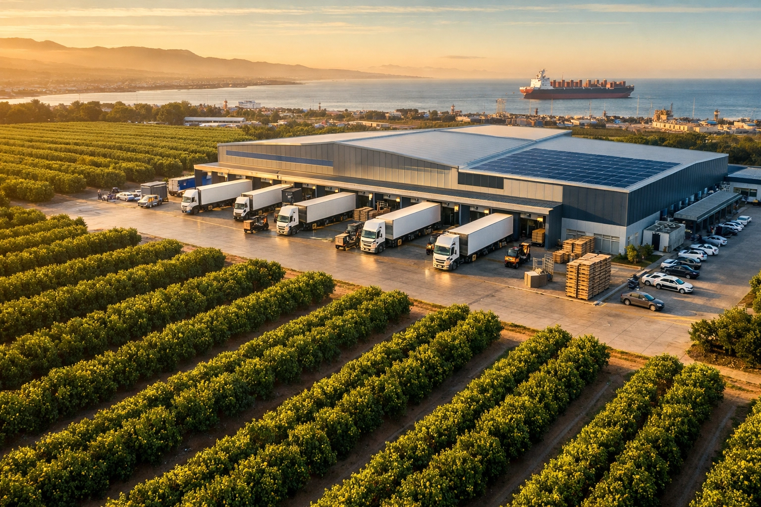 South African agricultural export facility with citrus orchards and loading docks for agriculture conferences 2026