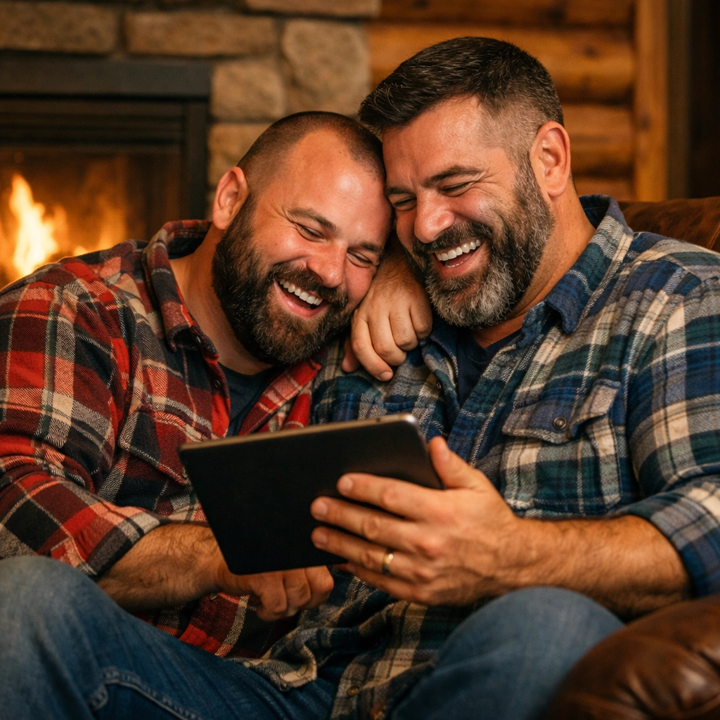 Two bearded men in flannel shirts laughing together in a cozy cabin, reflecting the MM romance bear trope.