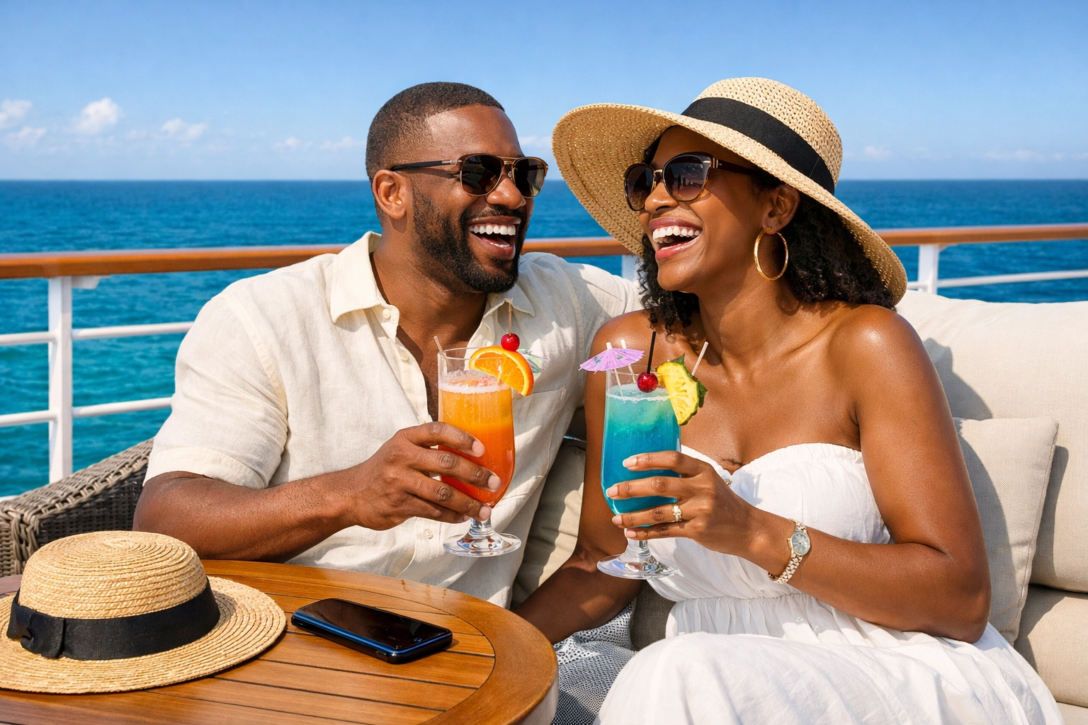 A happy couple relaxing on a ship deck after securing exclusive luxury cruise deals with an agent.