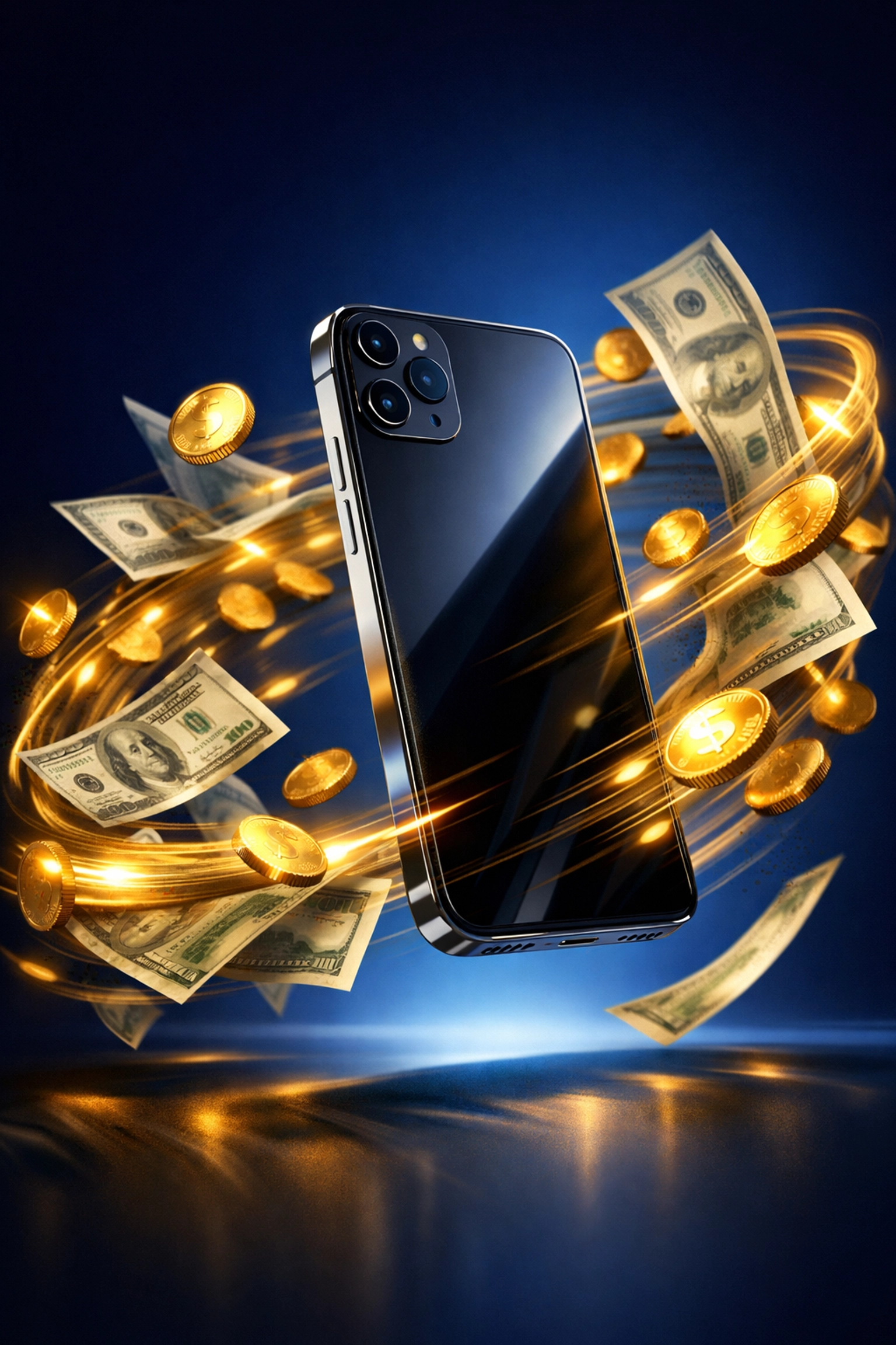 Smartphone with flying money representing fast payments for those who sell phones for cash.