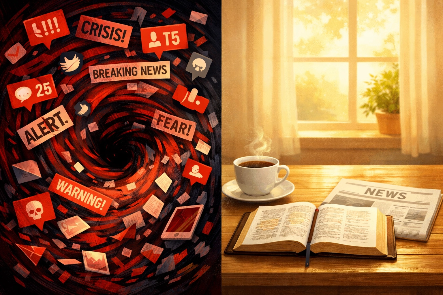 Contrast between chaotic news consumption and peaceful morning routine with coffee and Bible