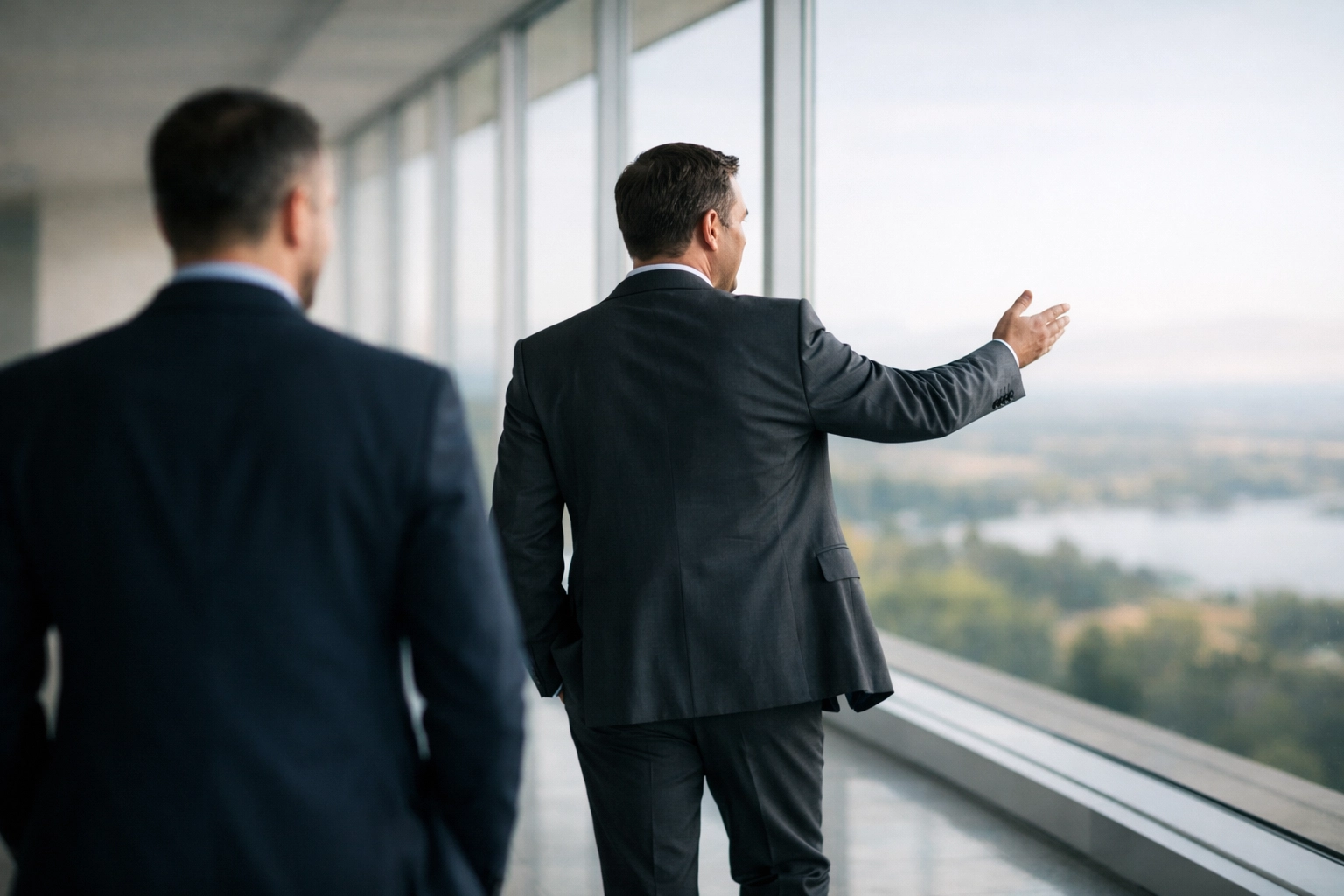 Business advisors walking in a professional setting, representing a confidential Mississippi business sale.