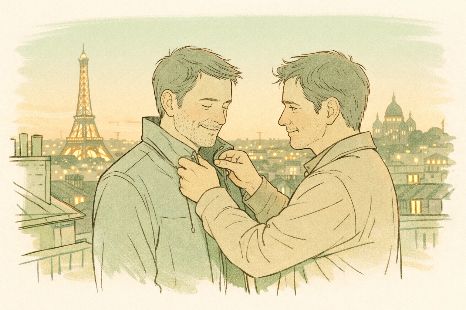 Two men in long-term relationship sharing tender moment on Paris rooftop terrace at dusk