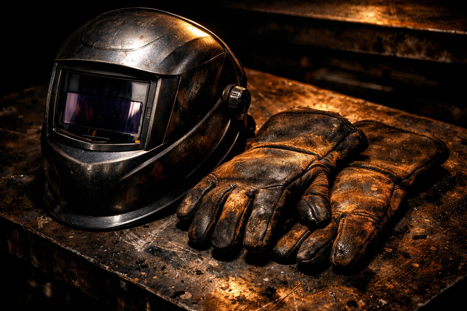 Professional welding safety gear including a helmet and gloves in an industrial shop.