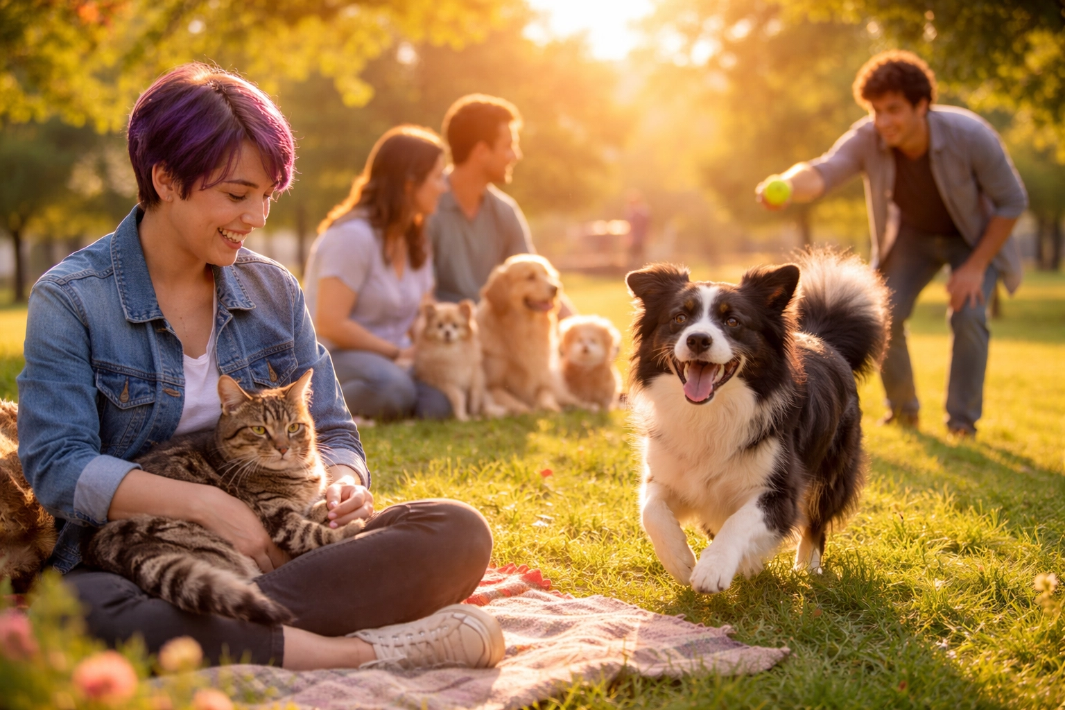 Diverse group of pet owners and animals enjoying a sunny park, celebrating inclusive pet services.