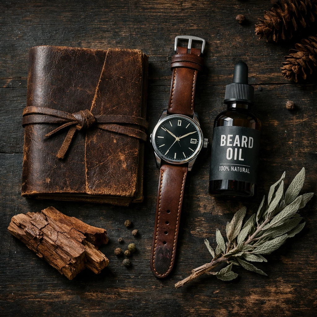 Flat lay of premium beard oil with sandalwood and sage, showcasing high-quality grooming essentials.