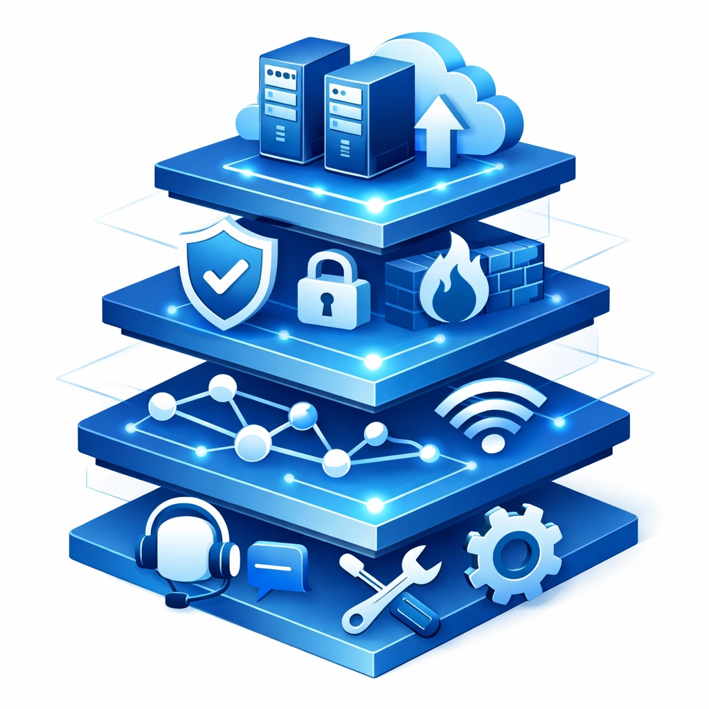 Layered technology services including cloud servers, cybersecurity, and network support