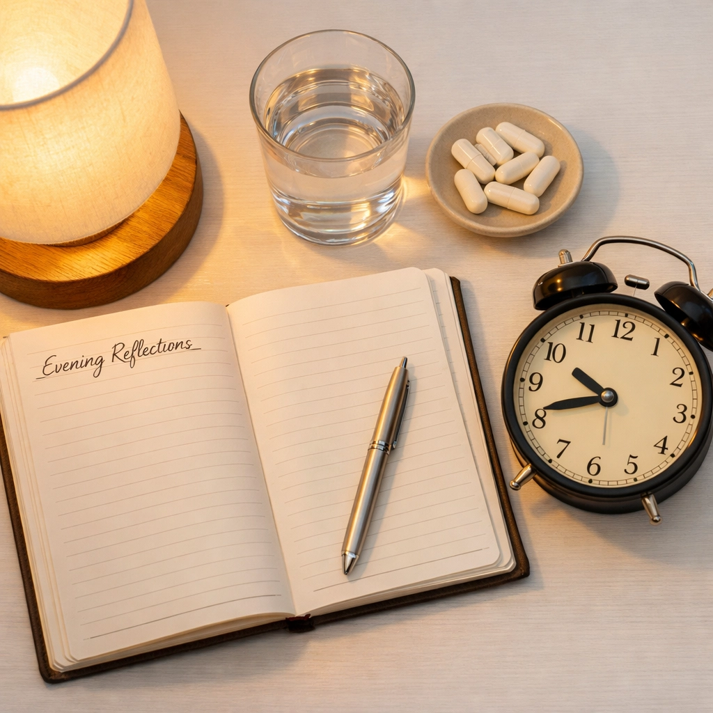 Evening bedtime routine with magnesium supplements, journal, water, and lamp for better sleep