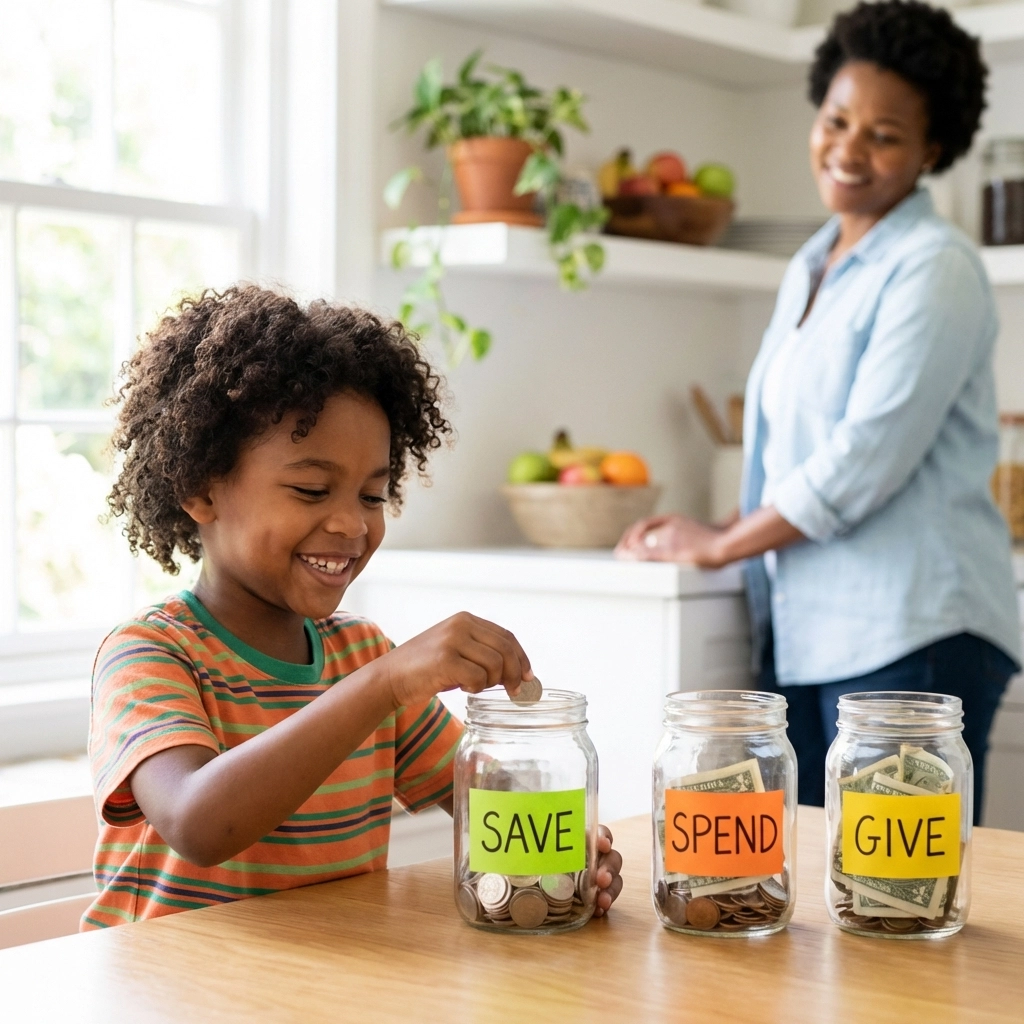 Child learning financial stewardship with give, save, spend jars - teaching Christian money skills