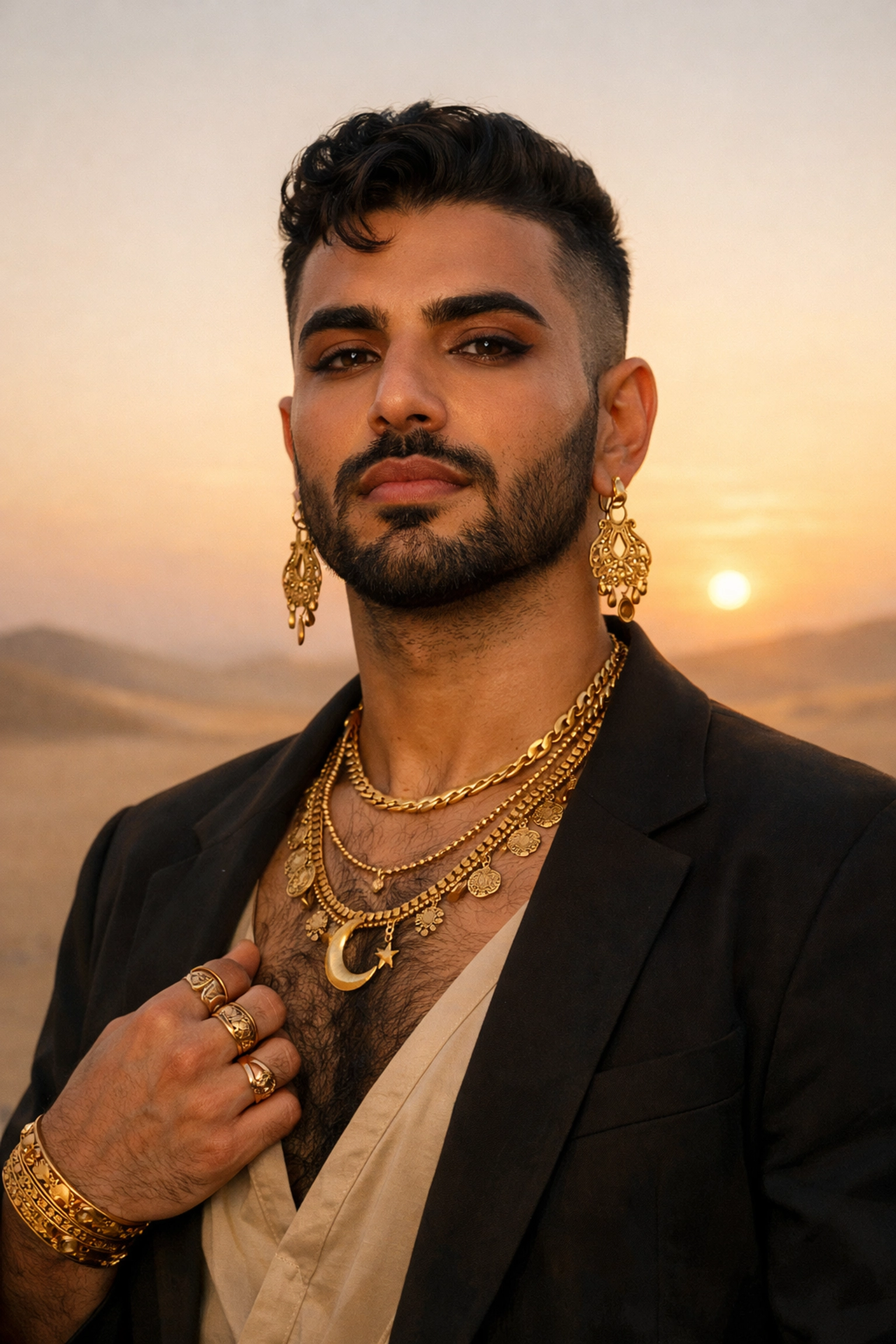 Modern queer Middle Eastern man wearing traditional jewelry, symbolizing LGBTQ+ history and identity.