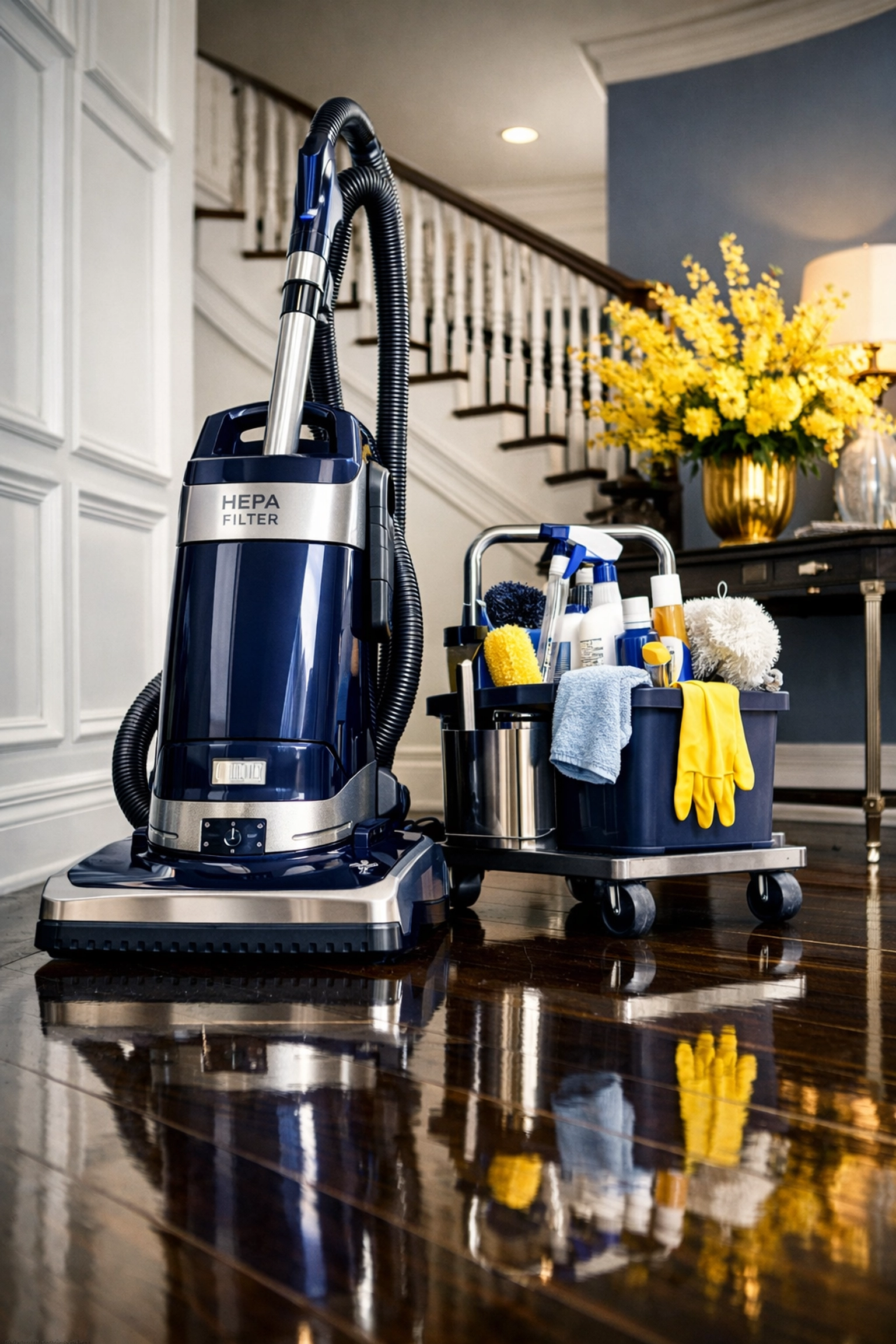 High-end HEPA vacuum and caddy used for professional residential cleaning Massachusetts services.