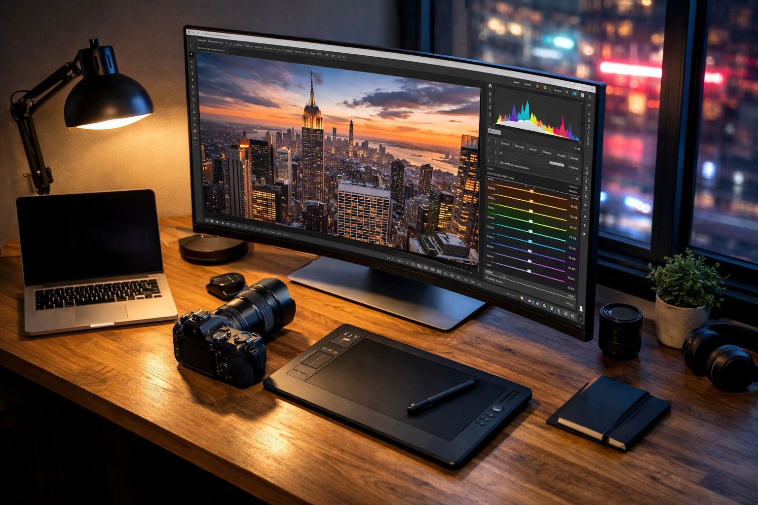 A professional photo editing suite featuring a high-resolution monitor with HSL color grading sliders.