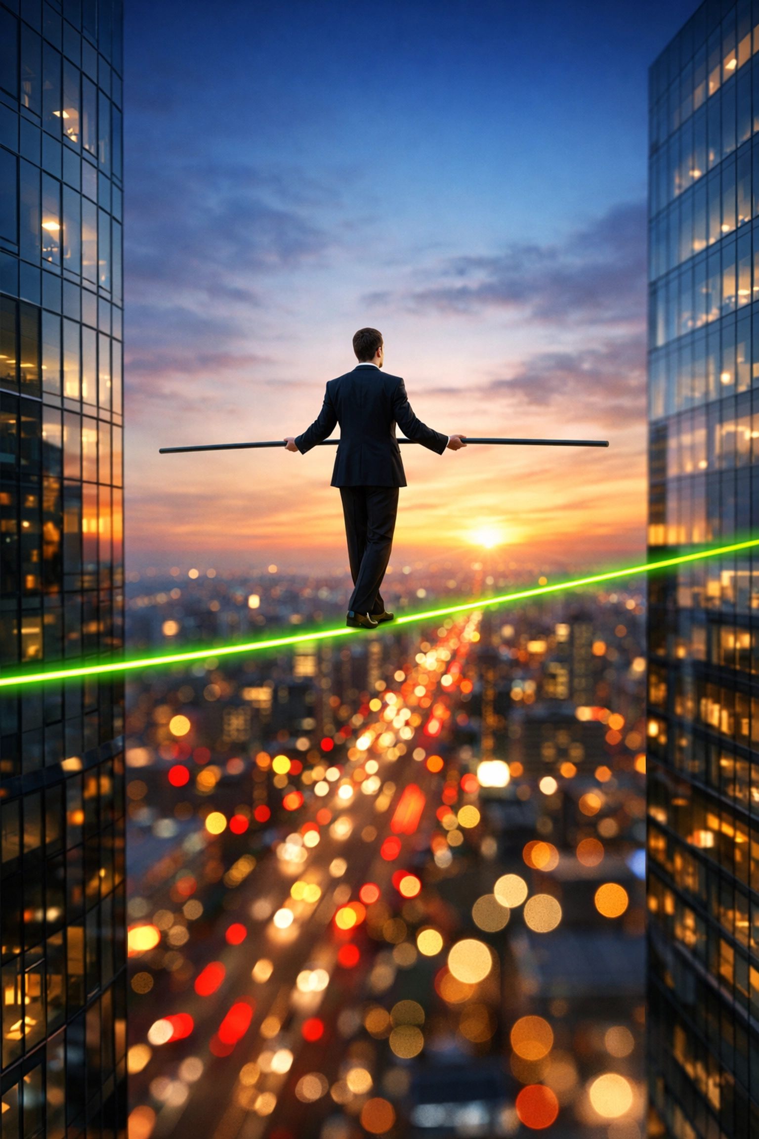Businessman balancing on a green line between towers representing risk management in the stock market today.