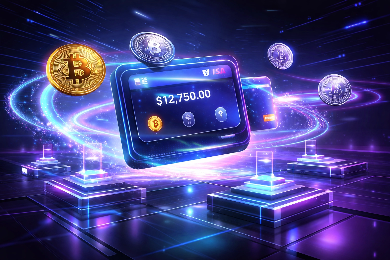 Digital crypto wallet with cryptocurrency coins connected to payment terminals in a metaverse environment