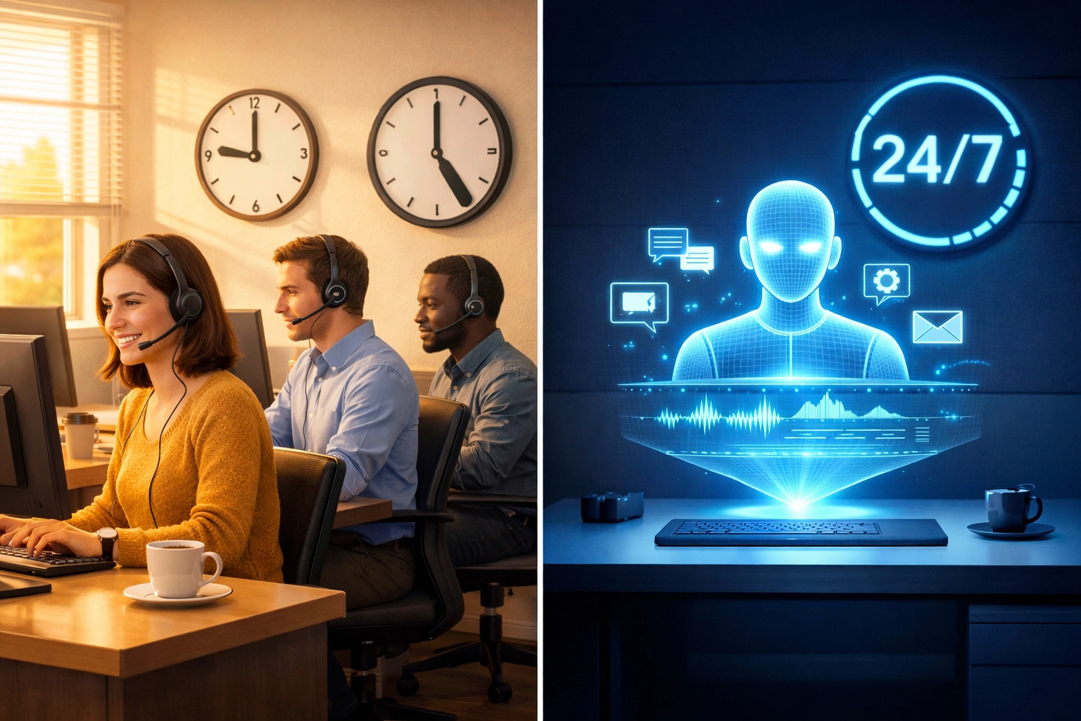 Comparaison équipe support humaine 9h-18h versus agent IA disponible 24/7