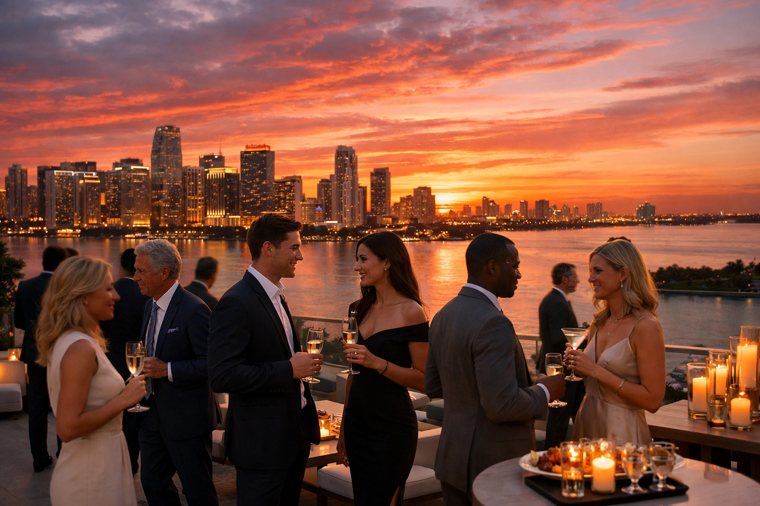 Corporate event photographer Miami shooting a luxury rooftop cocktail reception with sunset skyline views.