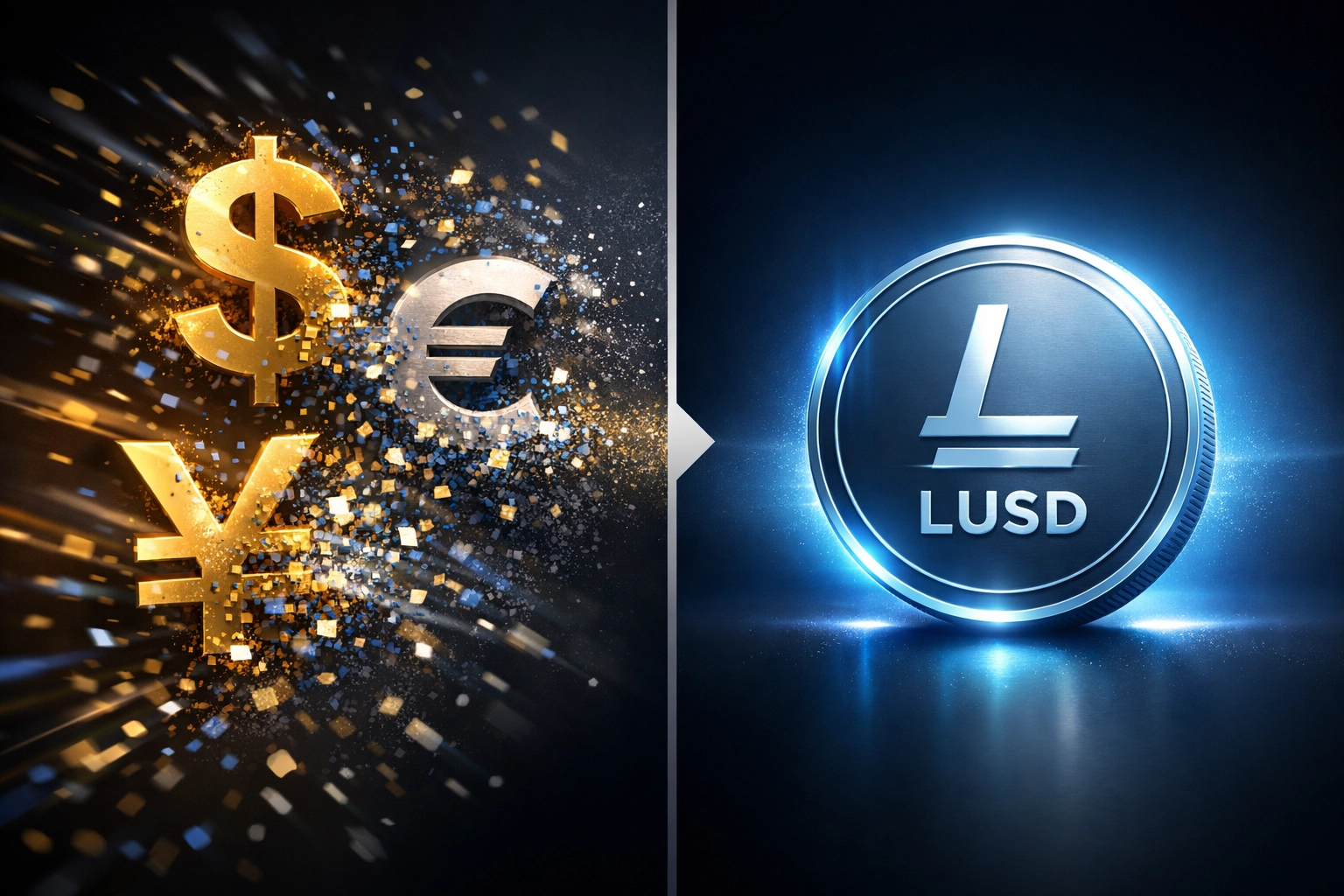 Traditional currency symbols transforming into LUSD stablecoin for zero FX fees
