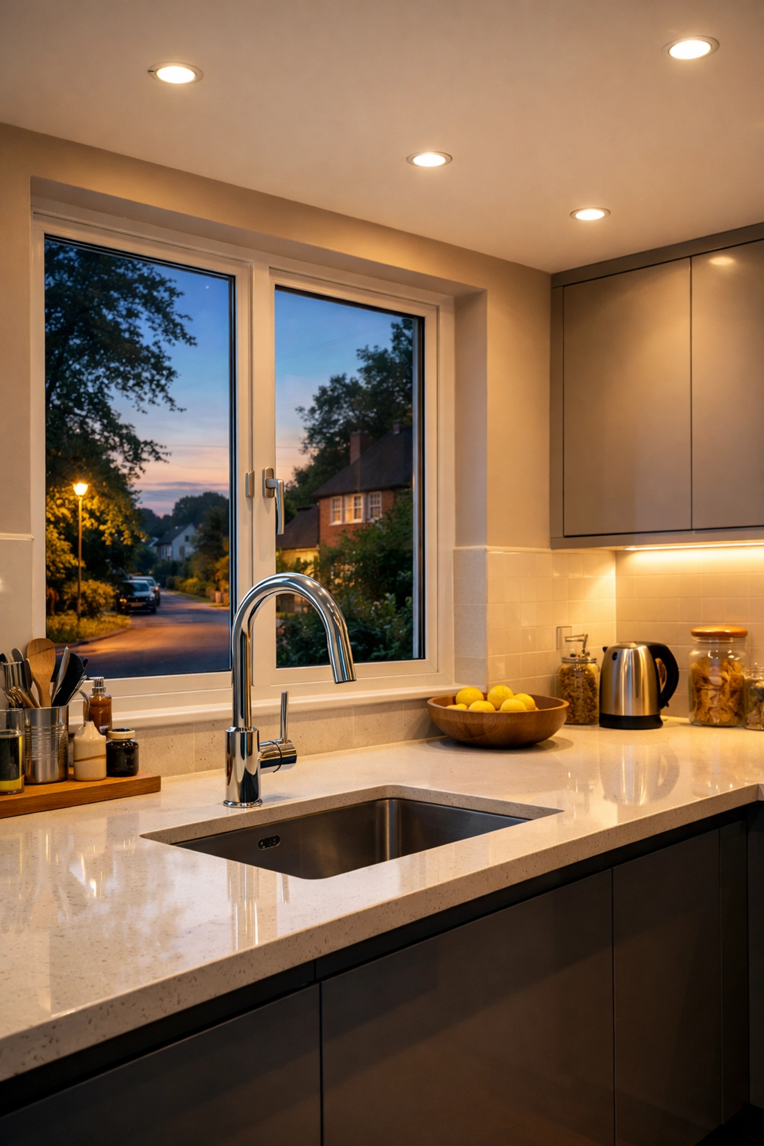 Modern Dorset kitchen with energy-efficient LED recessed and under-cabinet lighting for energy savings.