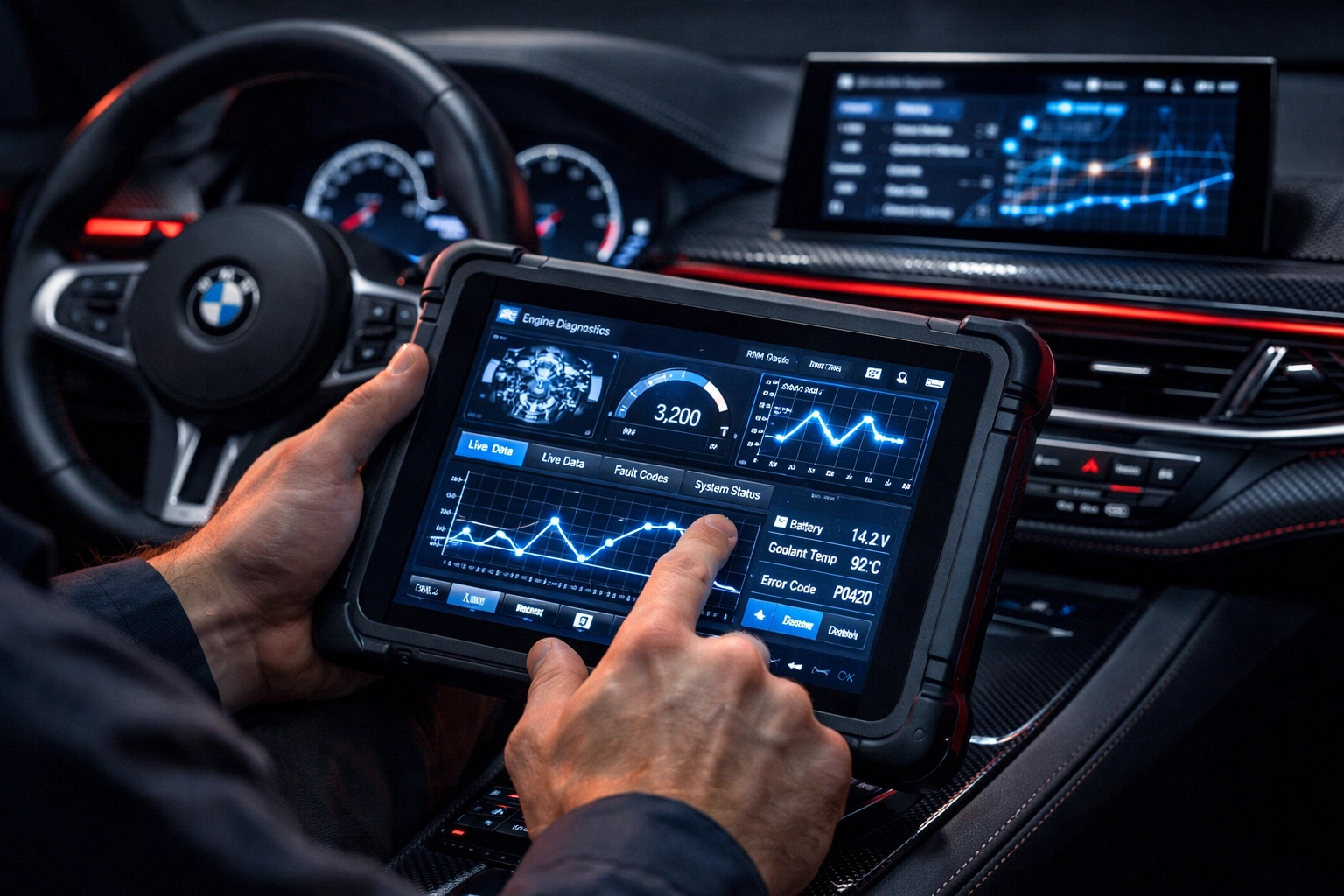 Professional BMW diagnostic service being performed inside a modern vehicle cabin.