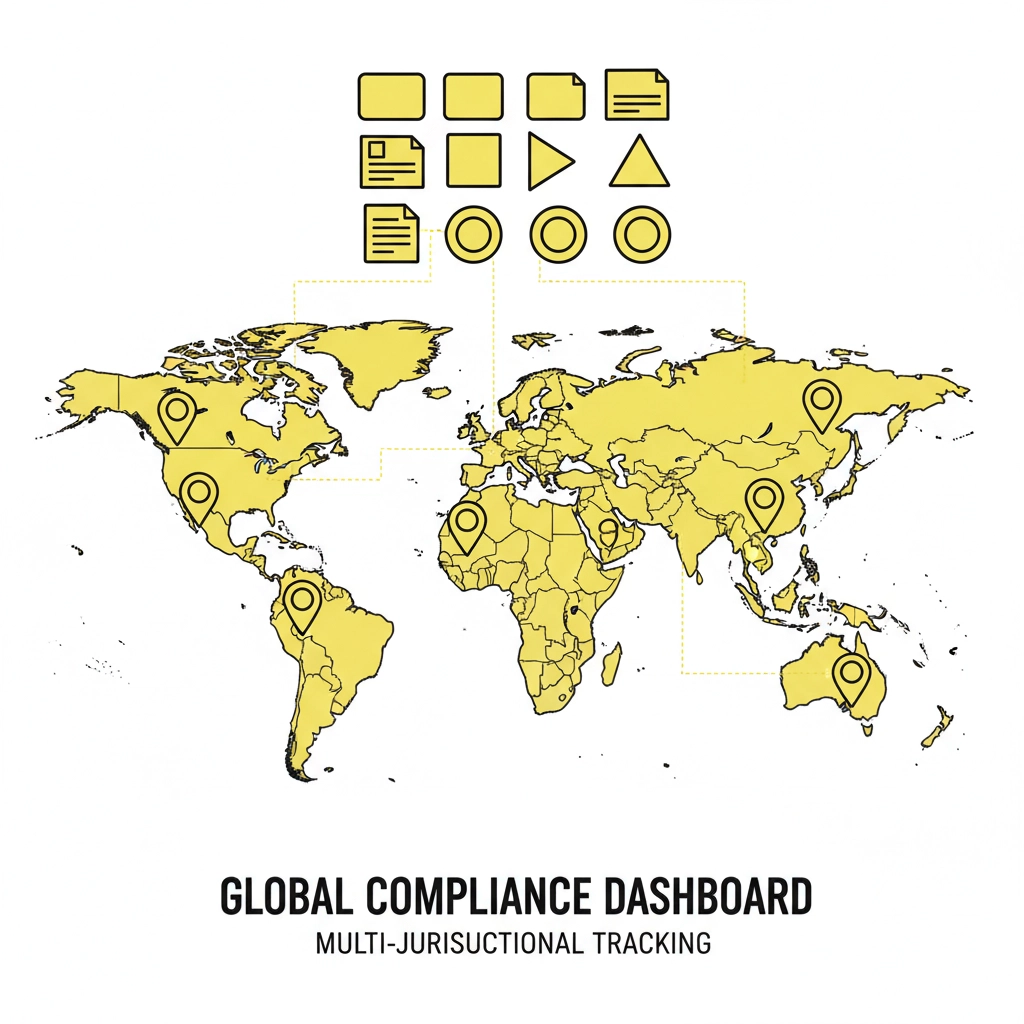 Yellow world map with location pins and icons above. Text: Global Compliance Dashboard, Multi-Jurisdictional Tracking.