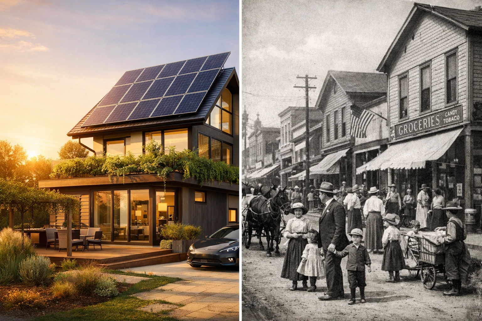 Modern sustainable home contrasted with historic 1900s American street scene showing past and present