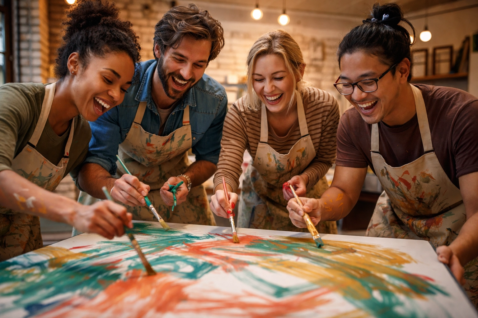 Team members laughing and bonding while painting together in a creative mindfulness workshop