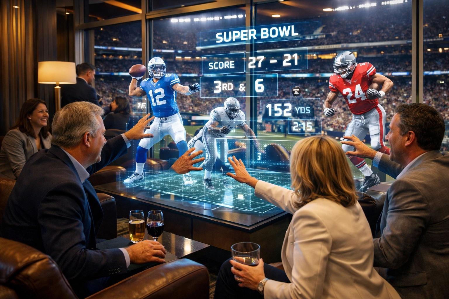 Boost Your Brand Presence Instantly with These 5 Super Bowl VIP Hospitality Strategies Executives engaging with interactive AR technology in luxury Super Bowl VIP hospitality suite