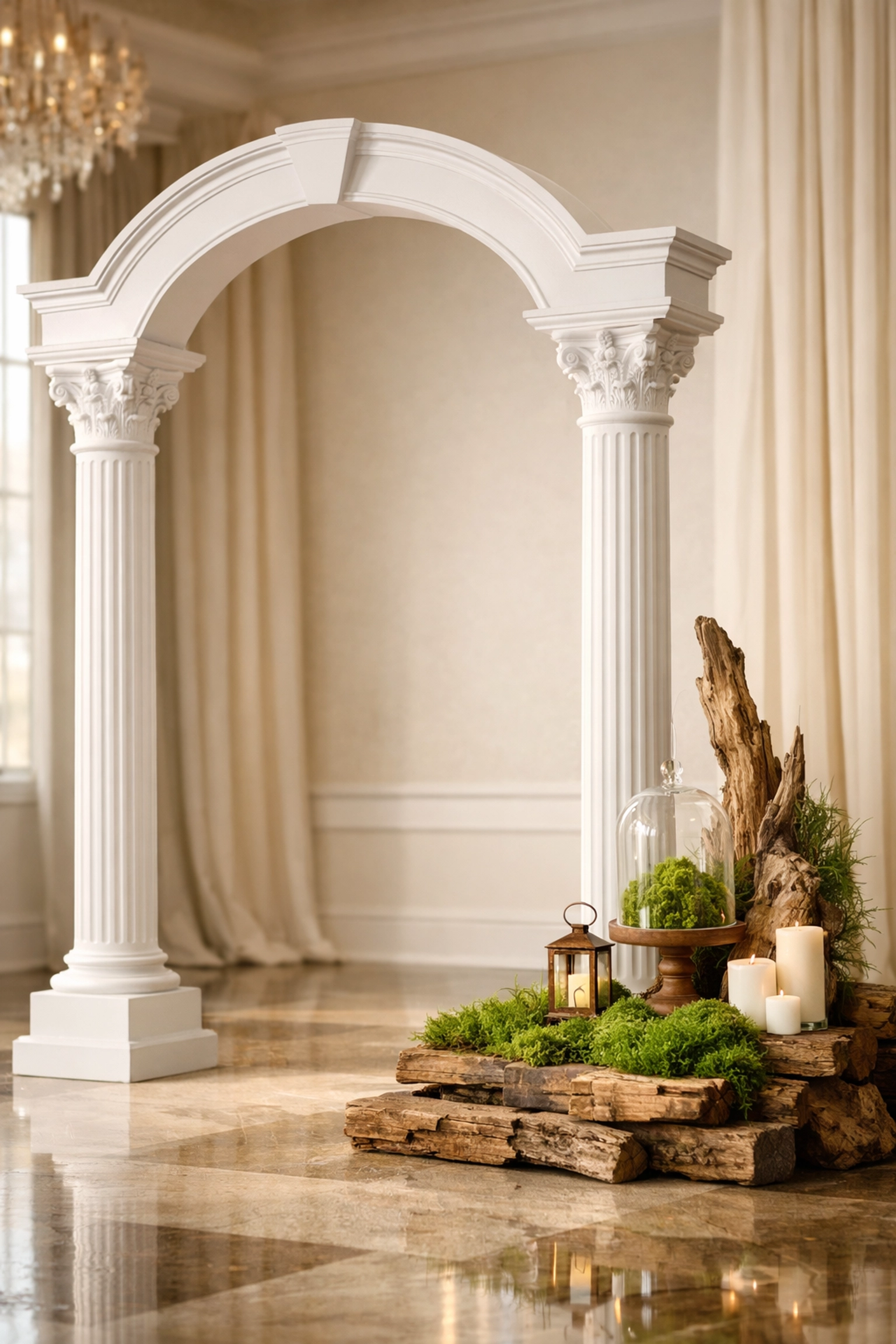 Elegant white wedding arch rental in Fort Wayne, featuring refined moss accents and professional white glove setup.