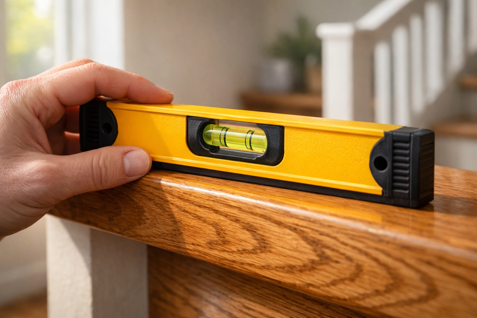 Checking stair tread balance with a spirit level to prevent tripping on uneven steps.
