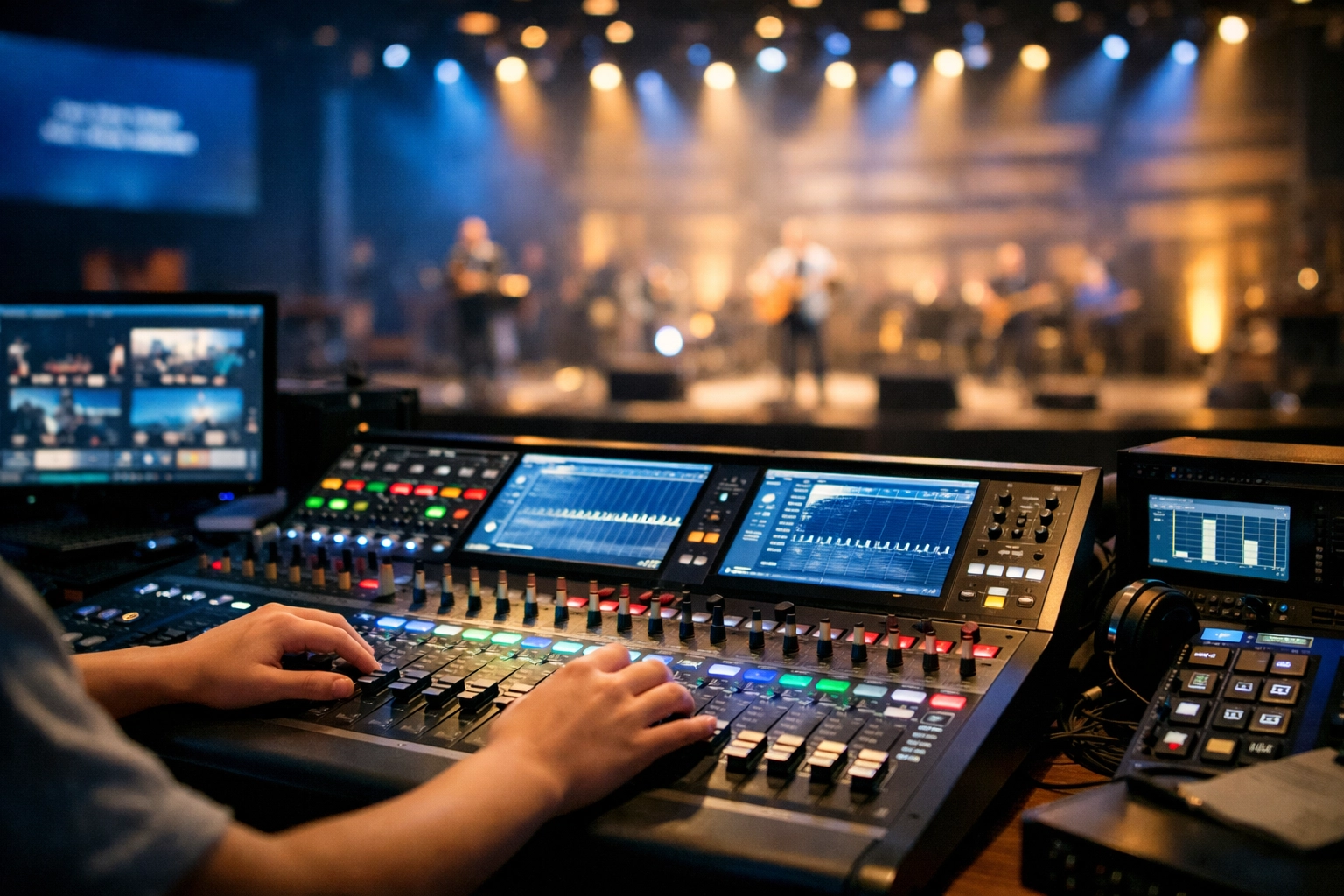 A student operates a digital mixing console during an Elevation College ministry production training session.