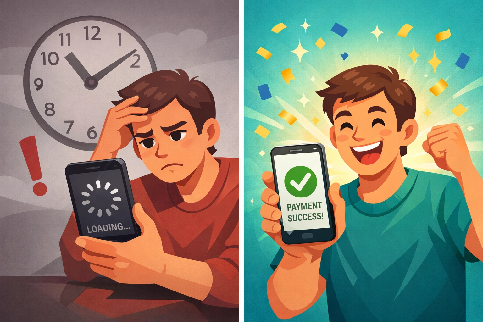 Comparison of slow traditional crypto checkout versus fast Web3 payment experience