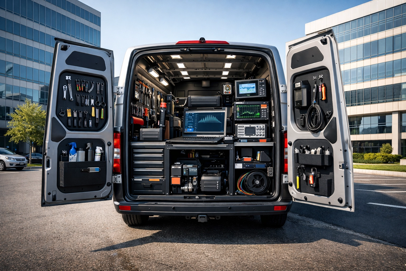 Fully equipped mobile auto service van parked in a Green Bay lot ready for on-site car repairs.
