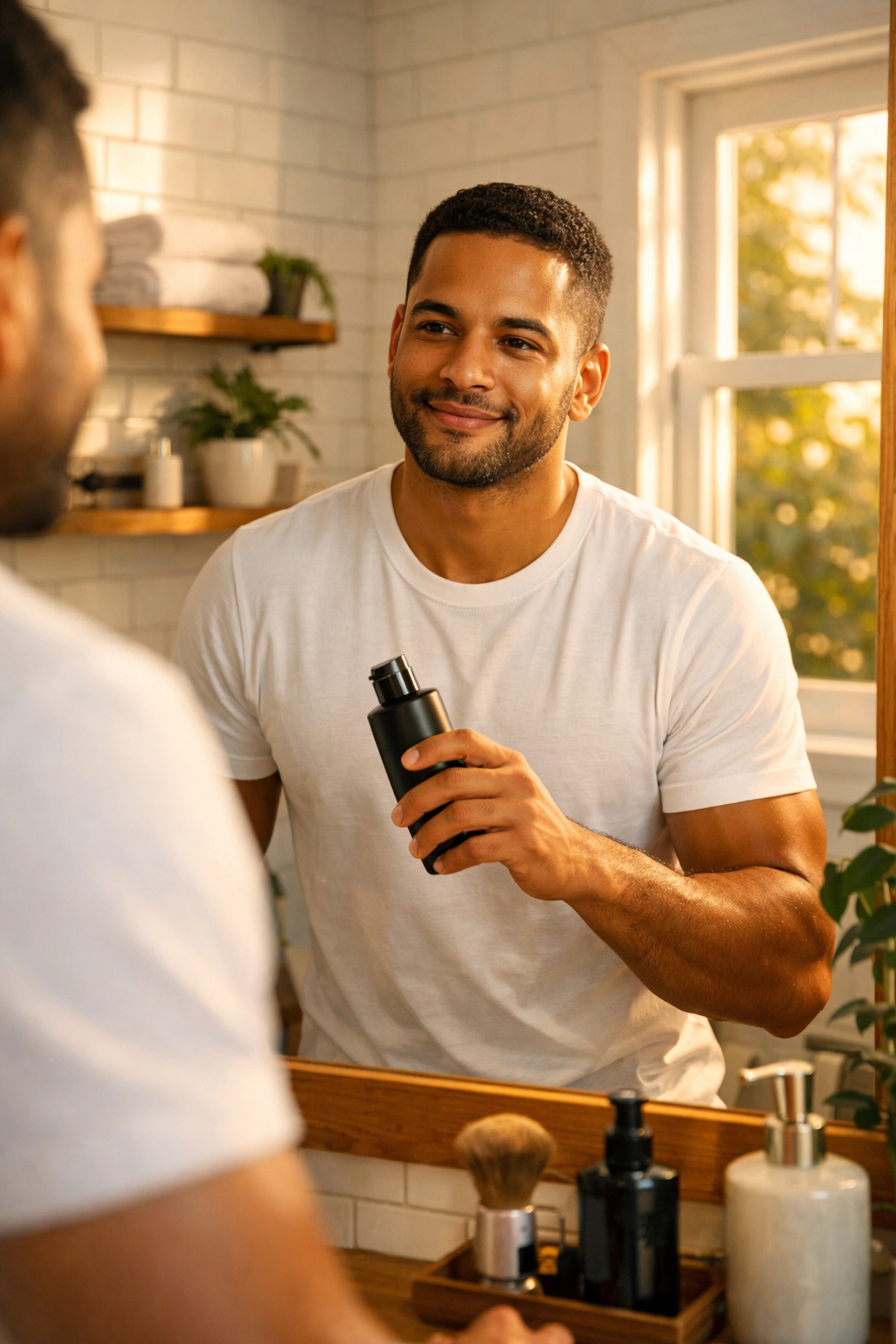 Man checking morning grooming routine in modern bathroom mirror