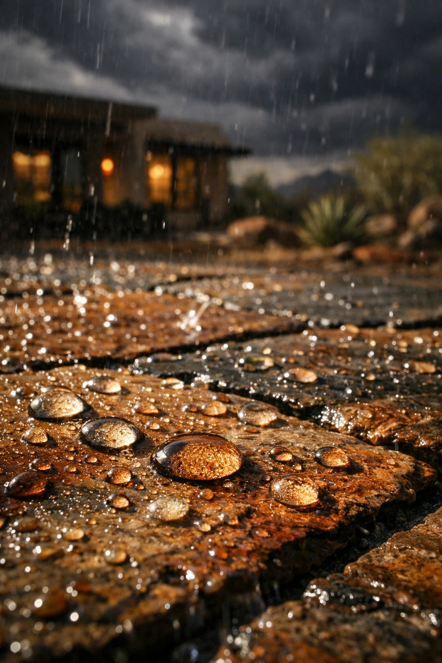 Water beading on sealed flagstone patio surface during Tucson monsoon season